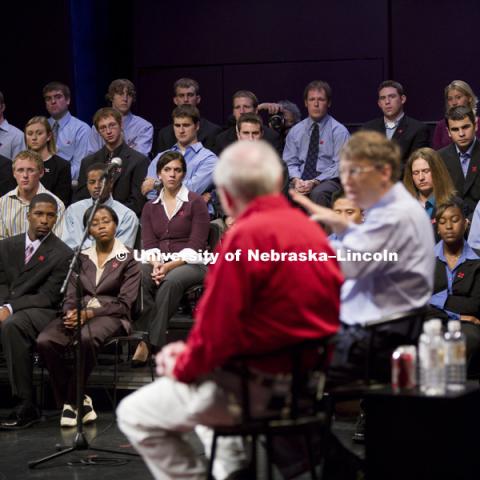 UNL alumnus Warren Buffett talks with Microsoft Corp. founder Bill Gates outside the Lied Center for Performing Arts on Sept. 30. Buffett, the CEO of Berkshire Hathaway, and Gates opened their afternoon visit at UNL with a 90-minute, unscripted question and answer forum with 92 students from the College of Business Administration. The billionaire-duo also visited with university officials and Gates outlined his vision of future technology to students, faculty and administration officials during a lecture at the Kauffman Center. 050930, Photo by Erik Stenbakken Photography.

Shot for University of Nebraska, Lincoln; exclusive to UNL.