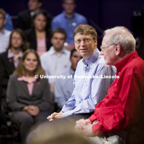 UNL alumnus Warren Buffett talks with Microsoft Corp. founder Bill Gates outside the Lied Center for Performing Arts on Sept. 30. Buffett, the CEO of Berkshire Hathaway, and Gates opened their afternoon visit at UNL with a 90-minute, unscripted question and answer forum with 92 students from the College of Business Administration. The billionaire-duo also visited with university officials and Gates outlined his vision of future technology to students, faculty and administration officials during a lecture at the Kauffman Center. 050930, Photo by Erik Stenbakken Photography.

Shot for University of Nebraska, Lincoln; exclusive to UNL.