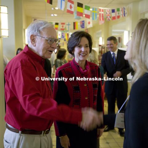 UNL alumnus Warren Buffett talks with Microsoft Corp. founder Bill Gates outside the Lied Center for Performing Arts on Sept. 30. Buffett, the CEO of Berkshire Hathaway, and Gates opened their afternoon visit at UNL with a 90-minute, unscripted question and answer forum with 92 students from the College of Business Administration. The billionaire-duo also visited with university officials and Gates outlined his vision of future technology to students, faculty and administration officials during a lecture at the Kauffman Center. 050930, Photo by Erik Stenbakken Photography.

Shot for University of Nebraska, Lincoln; exclusive to UNL.