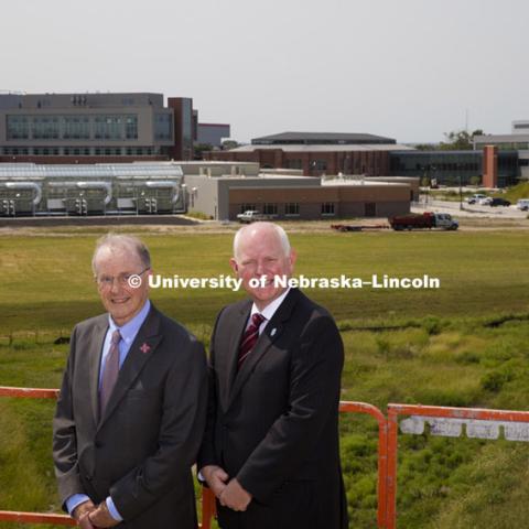 UNL Chancellor Harvey Perlman and NIC Executive Director Dan Duncan pose above the NIC campus. August 26, 2015. Photo by Craig Chandler / University Communications.