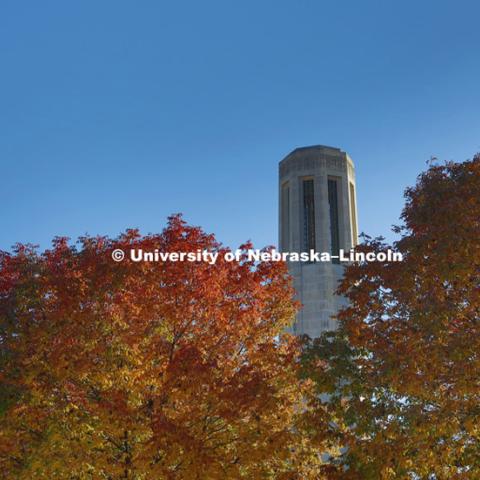 Mueller bell tower. Fall city campus. October 14, 2015. Photo by Craig Chandler / University Communications