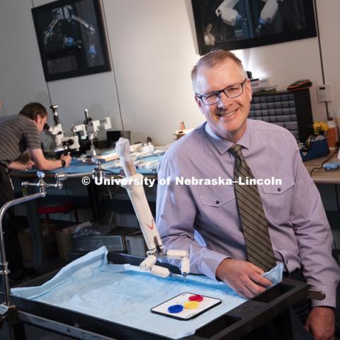 Shane Farritor in his Virtual Incision start up office on Nebraska Innovation Campus. June 13, 2016. Photo by Craig Chandler / University Communication.