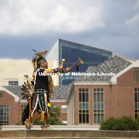 Native American performance group, the Many Moccasins Dance Troupe, dances in front of the Nebraska Union in an event sponsored by OASIS. August 28, 2016. Photo by James Wooldridge for University Communication.