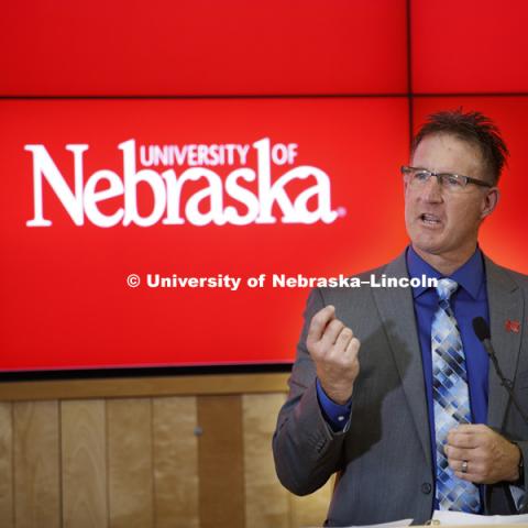 Andy Benson speaks during the announcement for The Nebraska Food for Health Center, a more than $40 million initiative to improve the lives of people around the world, was launched today at the University of Nebraska with a $3 million from the Raikes Foundation.

The multidisciplinary center will bring together strengths in agriculture and medicine from throughout the university system. It will help develop hybrid crops and foods to improve the quality of life of those affected by critical diseases including heart disease, diabetes, obesity, cancers, inflammatory bowel disease and mental disorders. September 16, 2016.  Photo by Craig Chandler / University Communication.
