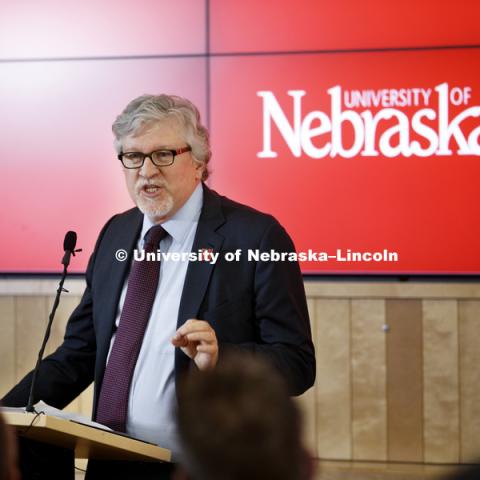 Jeff Raikes speaks during the announcement. The Nebraska Food for Health Center, a more than $40 million initiative to improve the lives of people around the world, was launched today at the University of Nebraska with a $3 million from the Raikes Foundation.

The multidisciplinary center will bring together strengths in agriculture and medicine from throughout the university system. It will help develop hybrid crops and foods to improve the quality of life of those affected by critical diseases including heart disease, diabetes, obesity, cancers, inflammatory bowel disease and mental disorders. September 16, 2016.  Photo by Craig Chandler / University Communication.
