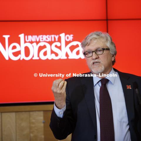 Jeff Raikes speaks during the announcement. The Nebraska Food for Health Center, a more than $40 million initiative to improve the lives of people around the world, was launched today at the University of Nebraska with a $3 million from the Raikes Foundation.

The multidisciplinary center will bring together strengths in agriculture and medicine from throughout the university system. It will help develop hybrid crops and foods to improve the quality of life of those affected by critical diseases including heart disease, diabetes, obesity, cancers, inflammatory bowel disease and mental disorders. September 16, 2016.  Photo by Craig Chandler / University Communication.