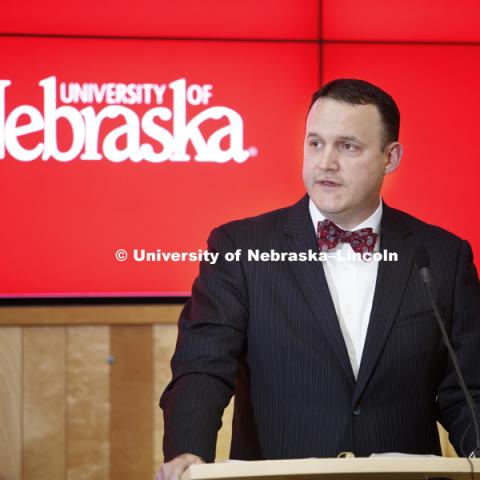 NU Foundation CEO Brian Hastings speaks during the announcement. The Nebraska Food for Health Center, a more than $40 million initiative to improve the lives of people around the world, was launched today at the University of Nebraska with a $3 million from the Raikes Foundation.

The multidisciplinary center will bring together strengths in agriculture and medicine from throughout the university system. It will help develop hybrid crops and foods to improve the quality of life of those affected by critical diseases including heart disease, diabetes, obesity, cancers, inflammatory bowel disease and mental disorders. September 16, 2016.  Photo by Craig Chandler / University Communication.