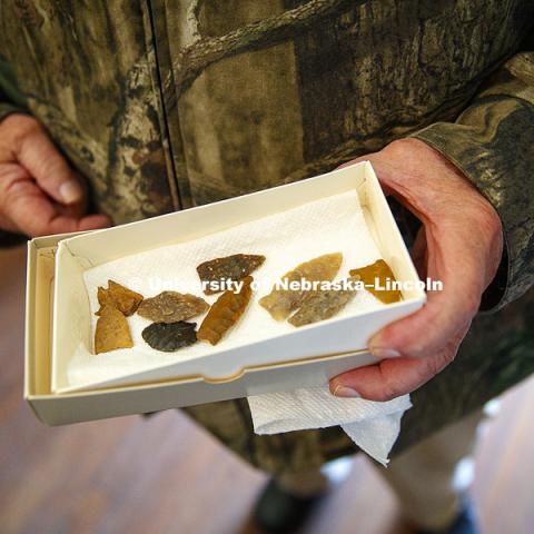 Robert Coble shows off his points in one of several boxes he brought in for the group to look at. Artifacts Road Show put on by UNL Professor Matt Douglass and the U.S. Forestry Service in Mullen, NE. October 7, 2016. Photo by Craig Chandler / University Communication Photography.