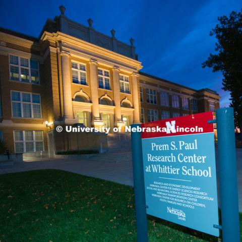 The new sign now sits out front of the newly dedicated Prem S. Paul Research Center at Whittier School. October 28, 2016. Photo by Greg Nathan, University Communication Photography.
