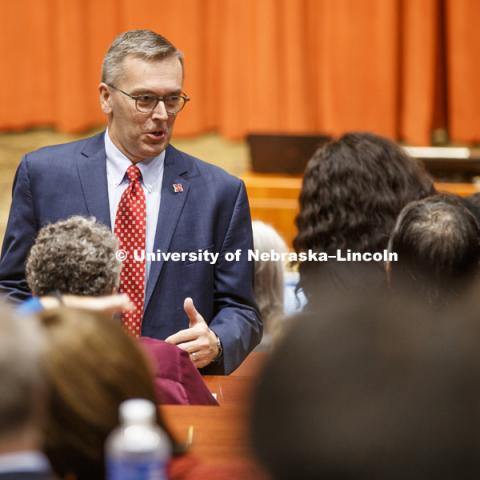 Chancellor Ronnie Green leads the inaugural University of Nebraska-Lincoln leadership town hall Monday morning in the Nebraska Innovation Hall auditorium. October 31, 2016. Photo by Craig Chandler / University Communication Photography.