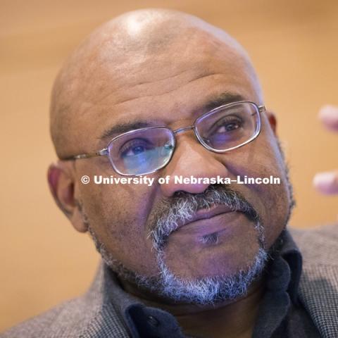 Kwame Dawes, Chancellor’s Professor of English and Glenna Luschei Editor of Prairie Schooner, University of Nebraska–Lincoln, delivers the Fall 2016 Nebraska Lecture entitled When “They” Becomes “Me”: Responsibility and Action in Literary Activism: The Case of the African Poetry Book Fund.  November 10, 2016.  Photo by Craig Chandler / University Communications