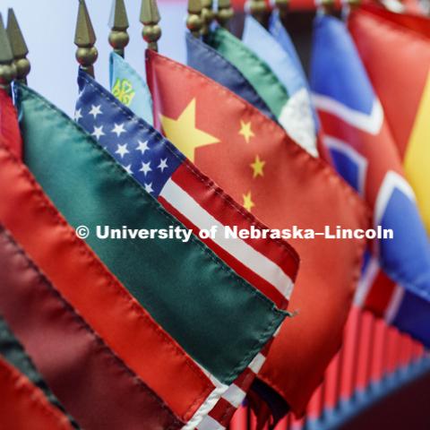 Flags of many countries adorn the office of Graduate Studies. Focus on United States flag. January 6, 2017. Photo by Craig Chandler / University Communication.