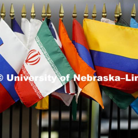 Flags of many countries adorn the office of Graduate Studies. Flags include Venezuela, Iran, Columbia and El Salvador. January 6, 2017. Photo by Craig Chandler / University Communication.