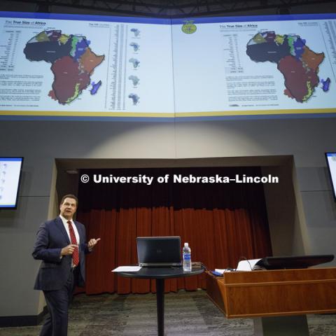 Mark Poeschl, CEO of FFA, delivers his Heuermann Lecture entitled " Sustainability and Survivability: The Balancing Act To Feed The World.  January 10, 2017. Photo by Craig Chandler / University Communication.