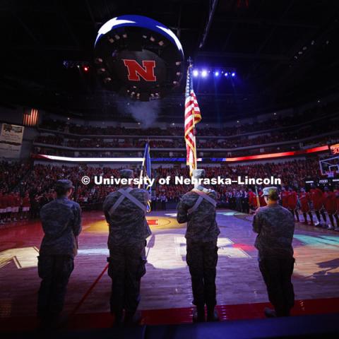 ROTC honor guard during the national anthem. Nebraska mens basketball vs. Ohio State at the Pinnacle Bank Arena.  January 18, 2017, Photo by Craig Chandler / University Communication.