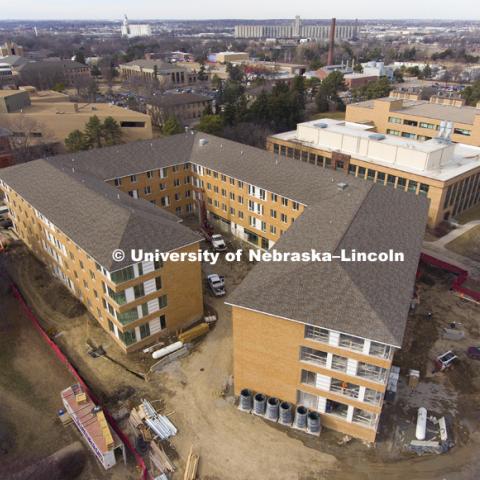 Construction work on new residence hall on East Campus. February 10, 2017.  Photo by Craig Chandler / University Communication