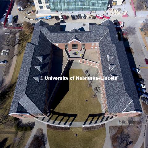 Aerial of Kauffman Residence Hall home of the Raikes School. The new College of Business building is seen in the background. February 22, 2017. Photo by Craig Chandler / University Communication.