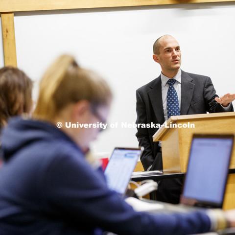 Adam Thimmesch, assistant professor of law, lectures students. College of Law photo shoot. March 9, 2017. Photo by Craig Chandler / University Communication.