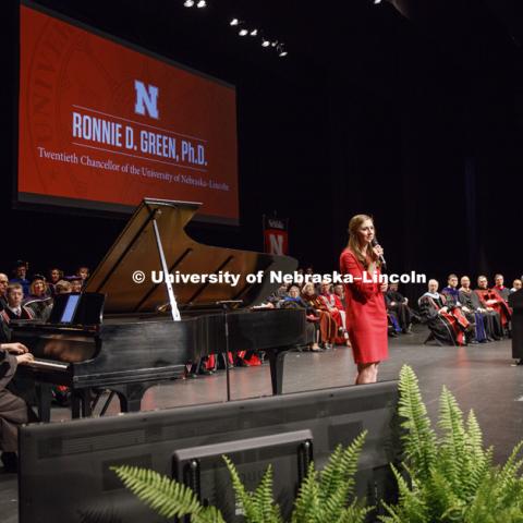 Kelli Green, Chancellor Ronnie Green's older daughter, sings "May I Suggest" during the ceremony. Installation Ceremony for Chancellor Ronnie Green. April 6, 2017. Photo by Craig Chandler / University Communication.