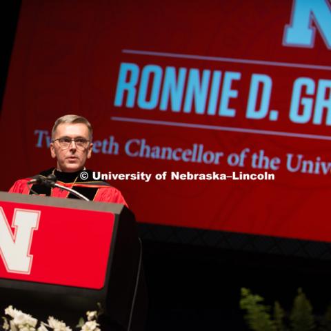 Chancellor Ronnie Green delivers his installation response. Installation Ceremony for Chancellor Ronnie Green. April 6, 2017. Photo by Greg Nathan, University Communication, Photography.