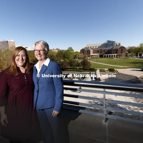 Ellen Weissinger (right) stands with her niece, Sarah Murphy, director of First-Year Experience and Transition Programs. Weissinger is retiring after more than 40 years of service to the university. May 2, 2017. Photo by Craig Chandler / University