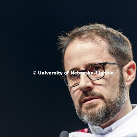 Evan Williams, Nebraska native and founder of Twitter, delivers his commencement address. Williams received an honorary degree before he delivered the Commencement Address "Farm Kid Swipes Fire". Students received their undergraduate diplomas Saturday