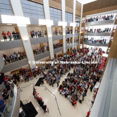 The crowd breaks into applause as the ribbon is cut to officially open the new building. Nebraska College of Business is officially "Open for Business" in their new home, Howard L. Hawks Hall. August 18, 2017. Photo by Craig Chandler / University