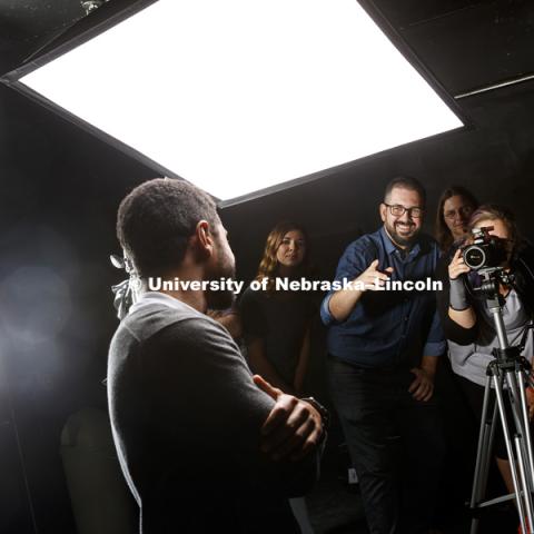 Walker Pickering, Assistant Professor of Photography in Fine and Performing Arts, works with his PHOT 263 - Studio Photography class. September 6, 2017. Photo by Craig Chandler / University Communication.