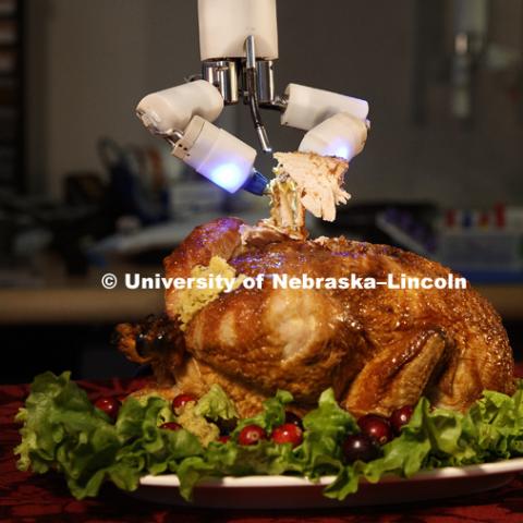 Turkey (actually a chicken) is being carved by a robotic surgery device at Virtual Incision, a start up by Nebraska professor Shane Farritor. Photo shoot is used to promote research and tie into the Thanksgiving holiday. November 14, 2017. Photo by Craig Chandler / University Communication.