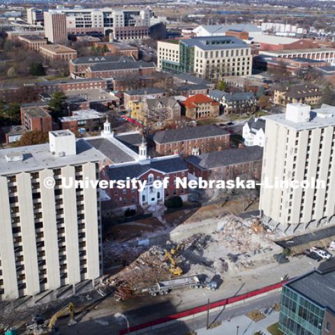 The rubble of Cather Pound dining center is being removed. The two residence halls will be imploded on December 22, 2017. November 30, 2017. Photo by Craig Chandler / University Communication.