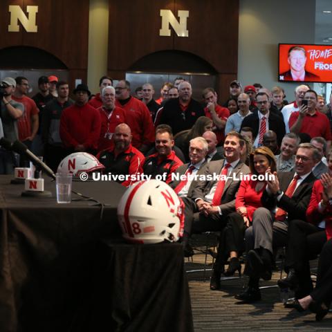 From left: Former coach Tom Osborne, NU President Hank Bounds, Susie Bounds, Nebraska Chancellor Ronnie Green, Jane Green. Scott Frost is introduced as the Huskers head football coach at a Sunday press conference. December 3, 2017. Photo by Dave