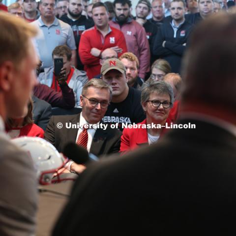 Chancellor Ronnie Green and is wife, Jane, listen as Scott Frost is introduced as the Huskers head football coach at a Sunday press conference. December 3, 2017. Photo by Dave Fitzgibbon / University Communication.