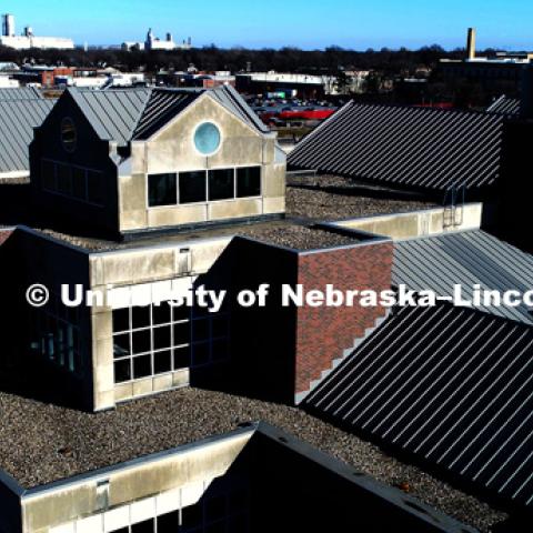 Aerial view of the rooftops of Beadle Hall. December 7, 2017. Photo by Craig Chandler / University Communication.