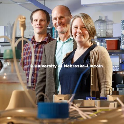 EPSCoR grand recipients in the Manter Hall labs. From right is Kristi Montooth, Associate Professor in the School of Biological Sciences, Jay Storz, Professor in the School of Biological Sciences, and Colin Meiklejohn, Assistant Professor in the School of