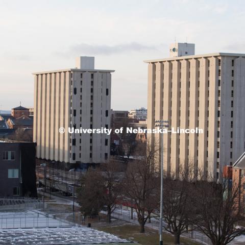 Cather and Pound Residence Halls implosion. December 22, 2017. Photo by Greg Nathan, University Communication Photography.