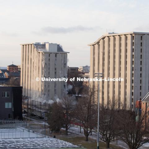 Cather and Pound Residence Halls implosion. December 22, 2017. Photo by Greg Nathan, University Communication Photography.