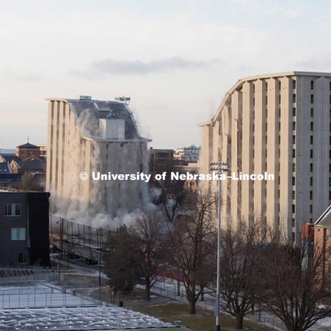 Cather and Pound Residence Halls implosion. December 22, 2017. Photo by Greg Nathan, University Communication Photography.