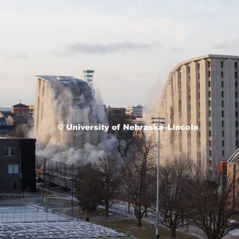 Cather and Pound Residence Halls implosion. December 22, 2017. Photo by Greg Nathan, University Communication Photography.