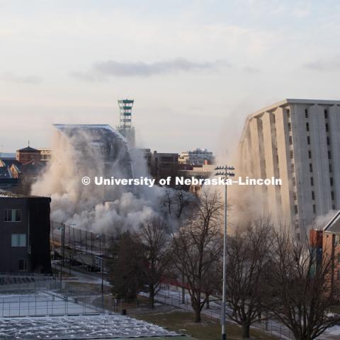 Cather and Pound Residence Halls implosion. December 22, 2017. Photo by Greg Nathan, University Communication Photography.