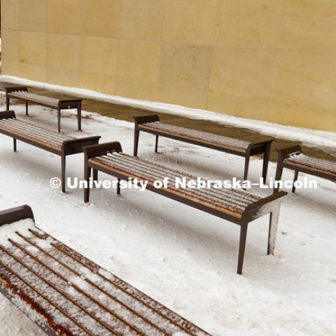 Snowy day, benches in front of the College of Business. January 23, 2018. Photo by Craig Chandler / University Communication.
