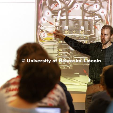 Curtis Tomasevicz, former Husker football player, Gold medal Olympic bobsledder and Lecturer in Electrical and Computer Engineering teaches his ECEN 122 - Introduction to Electrical Engineering II in Walter Scott hall. February 5, 2018. Photo by Craig