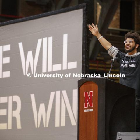 Alex Chapman leads the Hate Will Never Win rally at the Coliseum. February 14, 2018. Photo by Craig Chandler / University Communication.