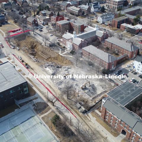 The cleanup of the rubble from the Cather Pound Residence Halls implosion is almost complete. February 21, 2019. Photo by Craig Chandler / University Communication.