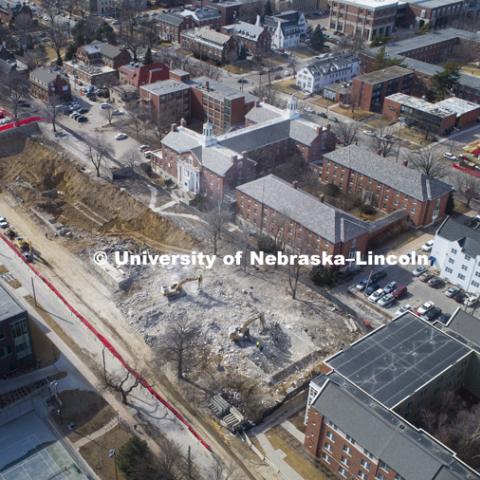 The cleanup of the rubble from the Cather Pound Residence Halls implosion is almost complete. February 21, 2019. Photo by Craig Chandler / University Communication.