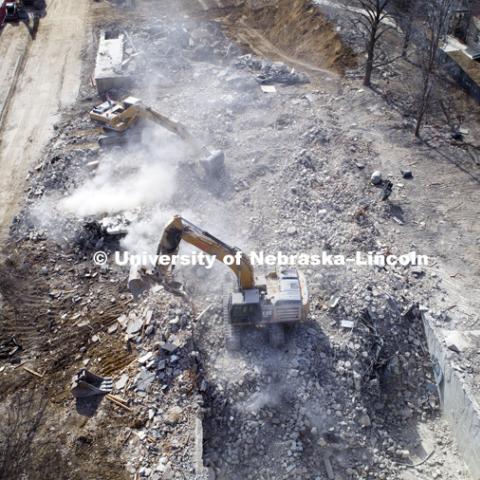 The cleanup of the rubble from the Cather Pound Residence Halls implosion is almost complete. February 21, 2019. Photo by Craig Chandler / University Communication.