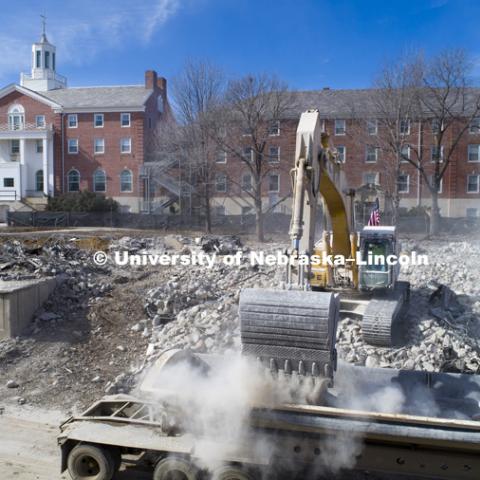The cleanup of the rubble from the Cather Pound Residence Halls implosion is almost complete. February 21, 2019. Photo by Craig Chandler / University Communication.