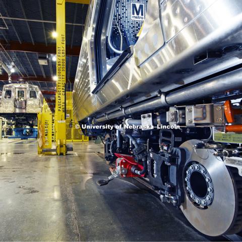 Kawasaki Subway cars being built in Lincoln, Nebraska. The subway system owes its existence to Bion Arnold, a 1897 NU engineering graduate. He is known as the "father of the third rail". Photographed for the N150 anniversary book. March 8, 2018. Photo by Craig Chandler / University Communication.