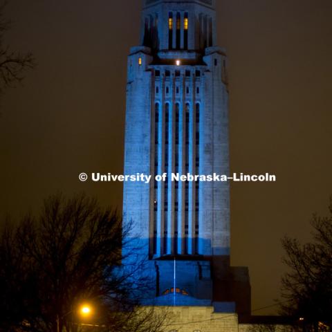 The state Capitol was lit in blue light Monday night. Light It Up Blue is an initiative of Autism Speaks sponsored by the Munroe-Meyer Institute which is part of UNMC. April 2, 2018. Photo by Alyssa Mae for University Communication.