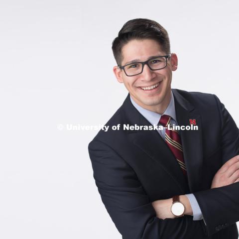 Studio portrait of Jordan Gonzales, Director of Alumni Engagement, Alumni Association. April 13, 2018. Photo by Greg Nathan, University Communication Photography.