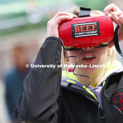 Amanda Lambrecht from Blair tries out the Beef 360 virtual reality tour of a cattle operation. Husker Food Connection helps urban students learn about agriculture and better understand how their food is produced. Husker Food Connection in front of the